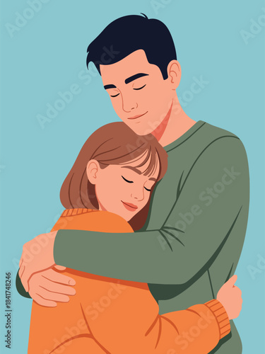 Modern flat illustration of a warm couple’s hug, ideal for relationship bonding visuals, emotional health content, and love-themed designs