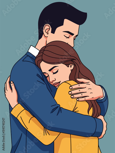 Modern flat illustration of a warm couple’s hug, ideal for relationship bonding visuals, emotional health content, and love-themed designs