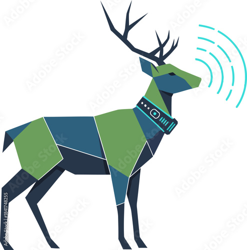 A stylized deer with a tracking device emits digital waves. Modern, geometric design with teal and green hues. Ideal for technology, wildlife, and nature concepts.
