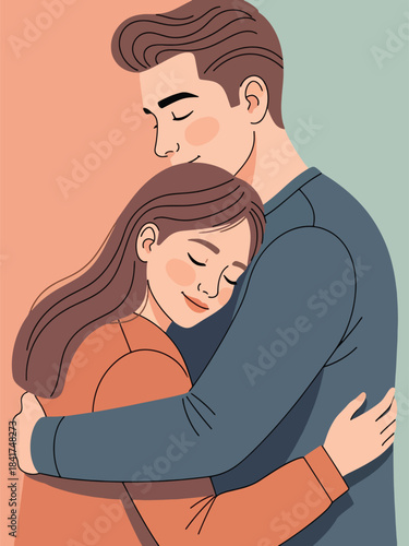 Modern flat illustration of a warm couple’s hug, ideal for relationship bonding visuals, emotional health content, and love-themed designs