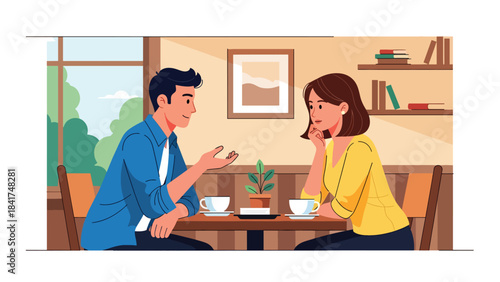 Modern flat illustration of a couple having a heartfelt conversation in a café, ideal for relationship communication content and lifestyle visuals