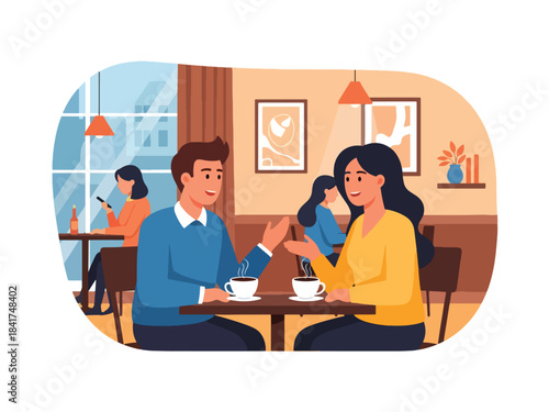 Modern flat illustration of a couple having a heartfelt conversation in a café, ideal for relationship communication content and lifestyle visuals
