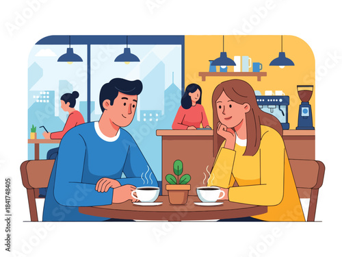 Modern flat illustration of a couple having a heartfelt conversation in a café, ideal for relationship communication content and lifestyle visuals