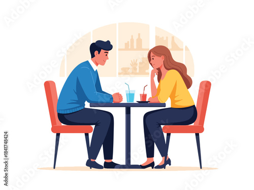 Modern flat illustration of a couple having a heartfelt conversation in a café, ideal for relationship communication content and lifestyle visuals