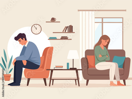 Flat vector artwork of a couple experiencing emotional distance, ideal for relationship counseling, emotional awareness graphics, and psychological themes