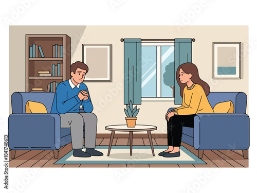 Flat vector artwork of a couple experiencing emotional distance, ideal for relationship counseling, emotional awareness graphics, and psychological themes