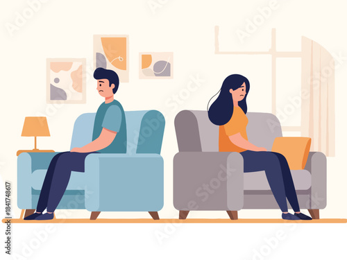 Flat vector artwork of a couple experiencing emotional distance, ideal for relationship counseling, emotional awareness graphics, and psychological themes