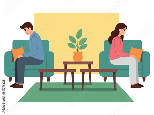 Flat vector artwork of a couple experiencing emotional distance, ideal for relationship counseling, emotional awareness graphics, and psychological themes