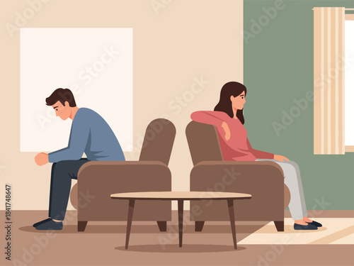 Flat vector artwork of a couple experiencing emotional distance, ideal for relationship counseling, emotional awareness graphics, and psychological themes