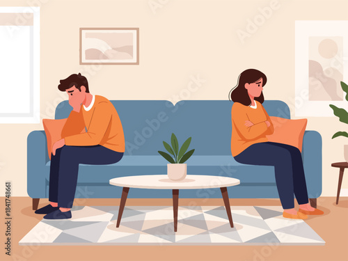 Flat vector artwork of a couple experiencing emotional distance, ideal for relationship counseling, emotional awareness graphics, and psychological themes