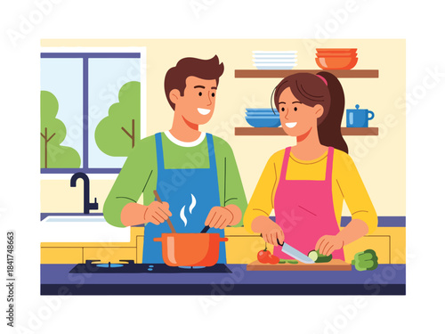 Flat vector artwork of a young couple cooking together joyfully, ideal for lifestyle content, relationship bonding visuals, and home activity illustrations
