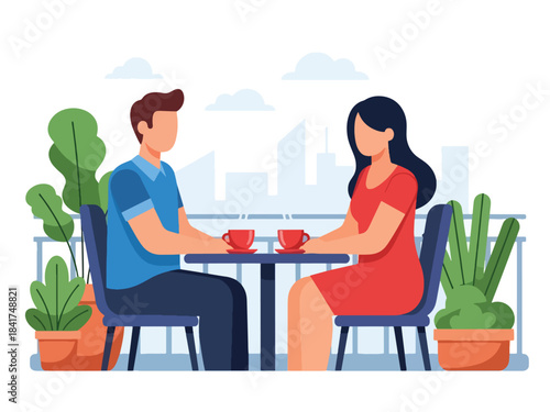Modern flat illustration of a couple sharing a peaceful tea moment, ideal for calm lifestyle visuals, relationship bonding, and emotional content