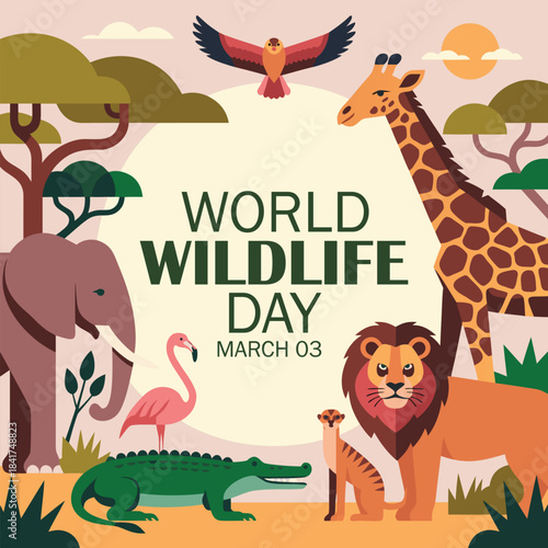World Wildlife Day concept with animals in the forest. Modern flat vector illustration. Web banner template.
