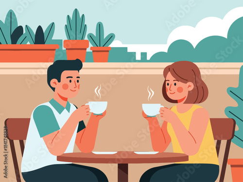 Modern flat illustration of a couple sharing a peaceful tea moment, ideal for calm lifestyle visuals, relationship bonding, and emotional content