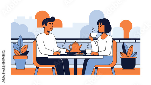 Modern flat illustration of a couple sharing a peaceful tea moment, ideal for calm lifestyle visuals, relationship bonding, and emotional content
