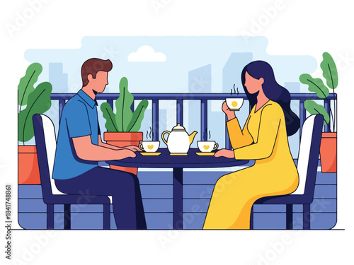 Modern flat illustration of a couple sharing a peaceful tea moment, ideal for calm lifestyle visuals, relationship bonding, and emotional content