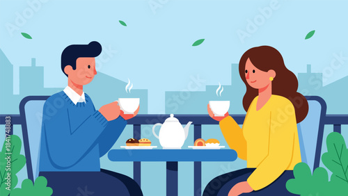 Modern flat illustration of a couple sharing a peaceful tea moment, ideal for calm lifestyle visuals, relationship bonding, and emotional content