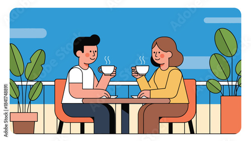 Modern flat illustration of a couple sharing a peaceful tea moment, ideal for calm lifestyle visuals, relationship bonding, and emotional content