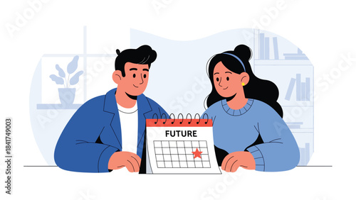 Flat vector scene of a couple planning their future together, ideal for financial planning visuals, relationship growth themes, and lifestyle content