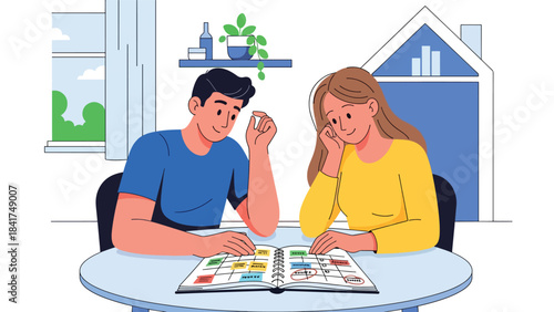 Flat vector scene of a couple planning their future together, ideal for financial planning visuals, relationship growth themes, and lifestyle content