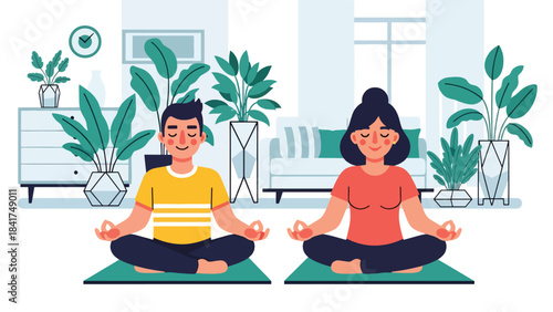 Modern flat illustration of a couple meditating together peacefully, ideal for wellness visuals, mindfulness guides, and calm lifestyle content