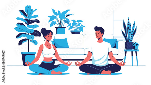 Modern flat illustration of a couple meditating together peacefully, ideal for wellness visuals, mindfulness guides, and calm lifestyle content