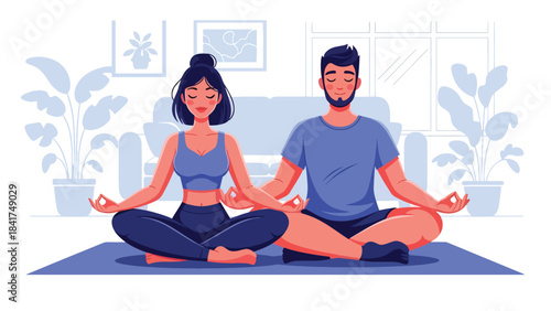 Modern flat illustration of a couple meditating together peacefully, ideal for wellness visuals, mindfulness guides, and calm lifestyle content