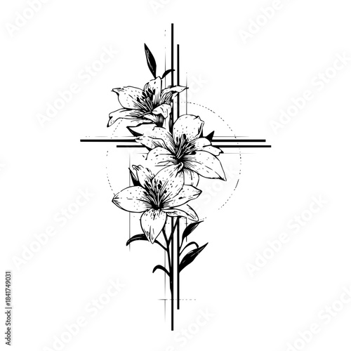 Three lilies arranged vertically with geometric cross and circle in black and white drawing style