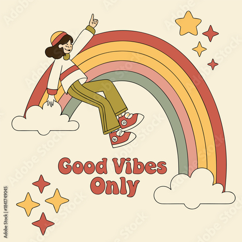 A cartoon woman sitting on a rainbow with good vibes only text surrounded by stars on a beige background