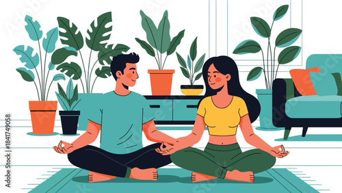 Modern flat illustration of a couple meditating together peacefully, ideal for wellness visuals, mindfulness guides, and calm lifestyle content