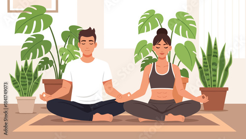 Modern flat illustration of a couple meditating together peacefully, ideal for wellness visuals, mindfulness guides, and calm lifestyle content