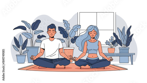 Modern flat illustration of a couple meditating together peacefully, ideal for wellness visuals, mindfulness guides, and calm lifestyle content