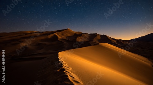 Fototapeta Naklejka Na Ścianę i Meble -  Golden sand dune glowing under starlight