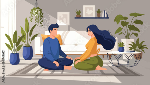 Modern flat illustration of a couple meditating together peacefully, ideal for wellness visuals, mindfulness guides, and calm lifestyle content