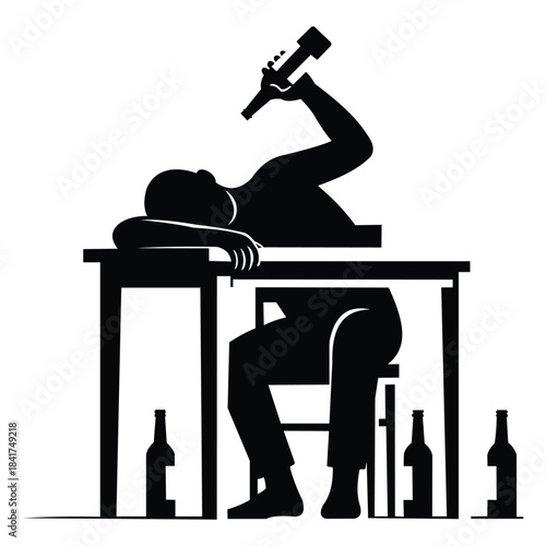 Man sitting at a table with bottles and holding a bottle, isolated on vector illustration