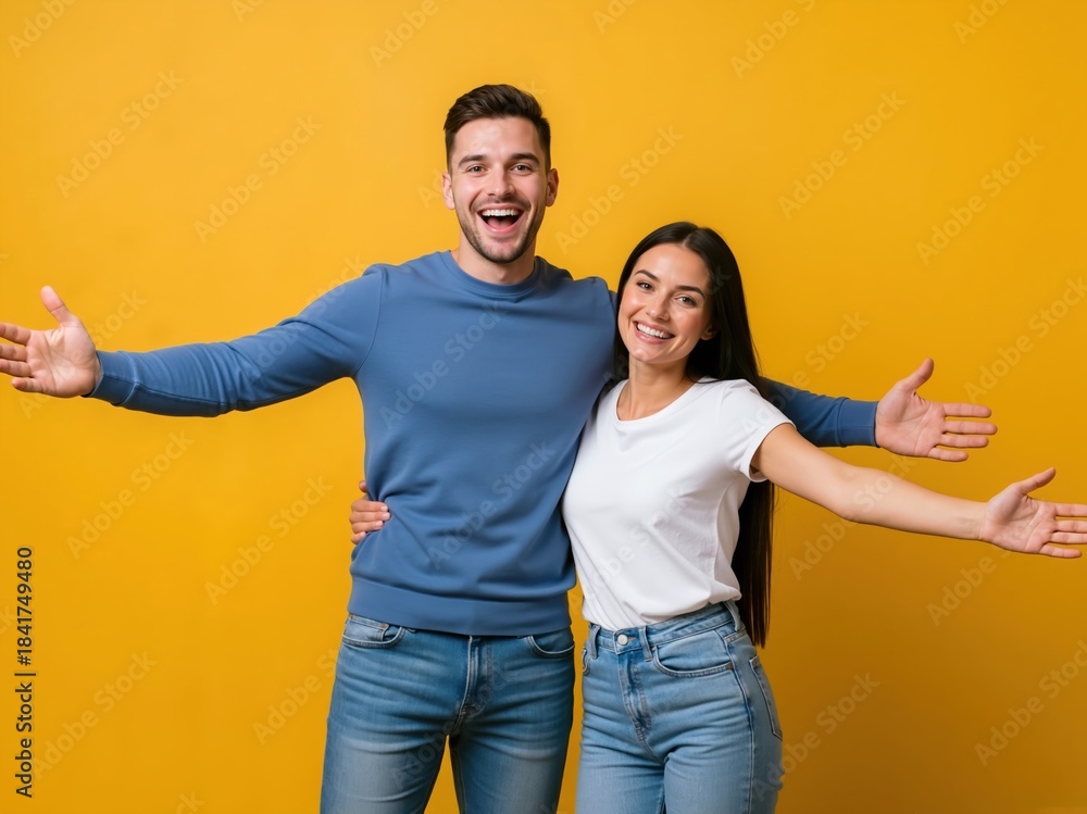 Obraz premium Happy young couple smiling with open arms in a welcoming gesture. Cheerful man and woman in casual clothes embracing against a yellow background with copy space