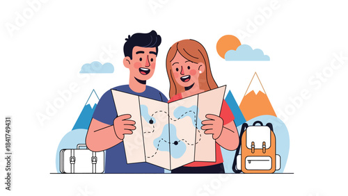 Modern flat illustration of a couple excitedly planning travel, ideal for lifestyle, vacation inspiration, relationship visuals, and adventure themes