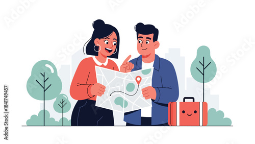 Modern flat illustration of a couple excitedly planning travel, ideal for lifestyle, vacation inspiration, relationship visuals, and adventure themes