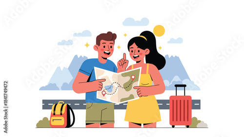 Modern flat illustration of a couple excitedly planning travel, ideal for lifestyle, vacation inspiration, relationship visuals, and adventure themes