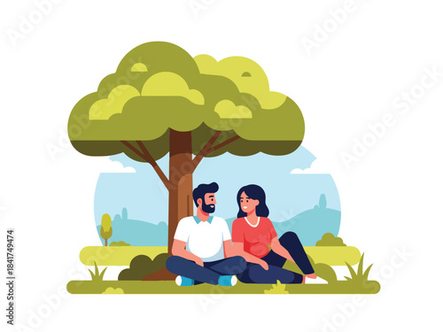 Flat vector design of a couple relaxing under a tree, ideal for peaceful lifestyle content, relationship bonding, and emotion-focused illustrations