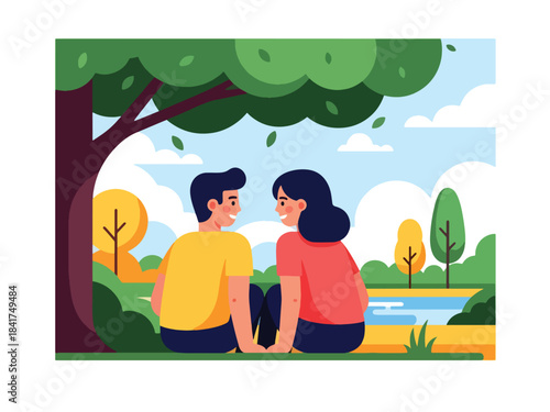 Flat vector design of a couple relaxing under a tree, ideal for peaceful lifestyle content, relationship bonding, and emotion-focused illustrations