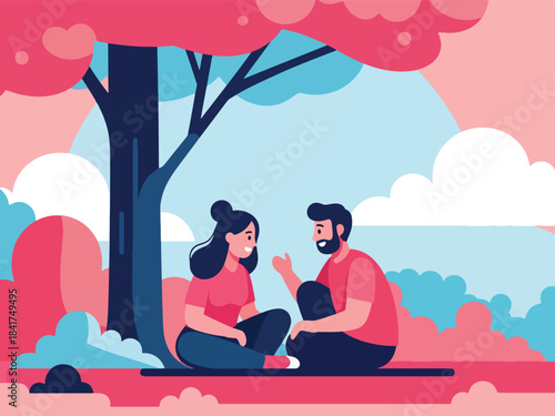 Flat vector design of a couple relaxing under a tree, ideal for peaceful lifestyle content, relationship bonding, and emotion-focused illustrations