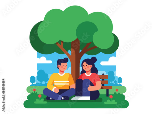 Flat vector design of a couple relaxing under a tree, ideal for peaceful lifestyle content, relationship bonding, and emotion-focused illustrations