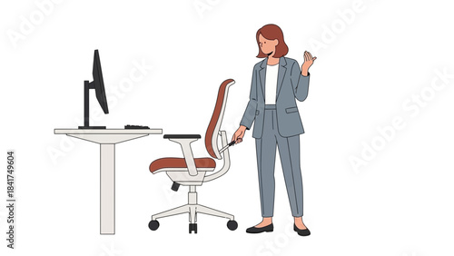 Businesswoman adjusting office chair in workspace, a illustration showing work environment