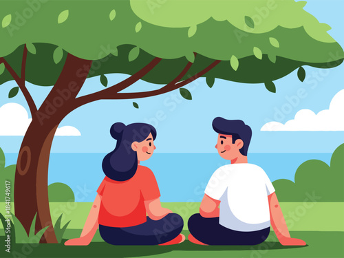 Flat vector design of a couple relaxing under a tree, ideal for peaceful lifestyle content, relationship bonding, and emotion-focused illustrations
