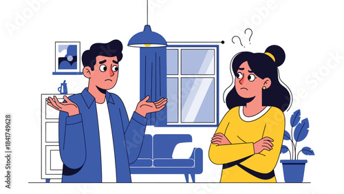 Modern flat illustration of a couple feeling confused during a discussion, ideal for communication topics, relationship psychology, and emotional awareness