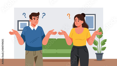 Modern flat illustration of a couple feeling confused during a discussion, ideal for communication topics, relationship psychology, and emotional awareness