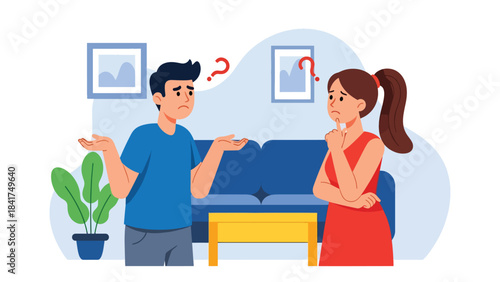 Modern flat illustration of a couple feeling confused during a discussion, ideal for communication topics, relationship psychology, and emotional awareness