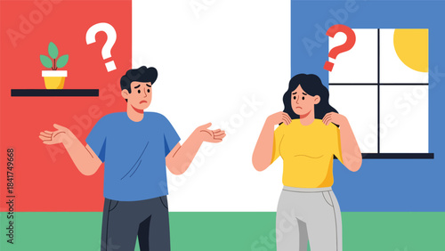 Modern flat illustration of a couple feeling confused during a discussion, ideal for communication topics, relationship psychology, and emotional awareness