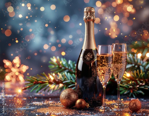 Sylwestrowe tło z butelką szampana, kieliszkami, gałązkami świerku, ozdobami, bombkami